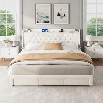 Upholstered Velvet Platform Bed Frame with Crystal Diamond Tufted Headboard, 2 Large Storage Drawers, Built-in Charging Station, Sturdy Wooden Slats, Low Profile, Noise-Free, FULL Cream