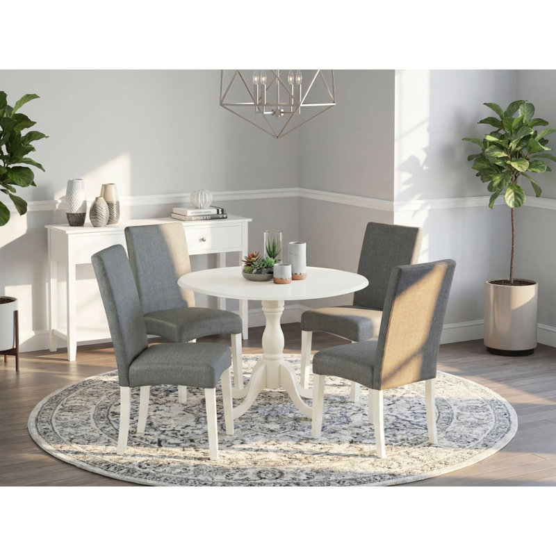 5 Piece Kitchen Table Set for 4 Includes a Round Dining Room Table with Dropleaf and 4 Gray Linen Fabric Parsons Dining Chairs, Linen White