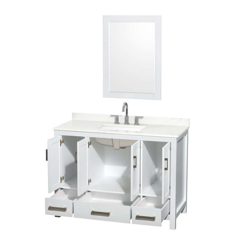 Sheffield 48" Freestanding Single Bathroom Vanity with Quartz Top with 24" Mirror, Giotto Quartz, White, Widespread
