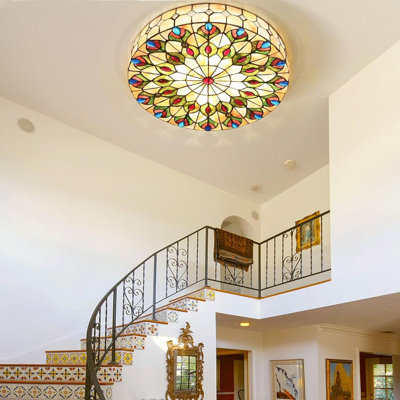 Tiffany Style Stained Glass Peacock Ceiling Lighting Lamp Fixture Flush Mount