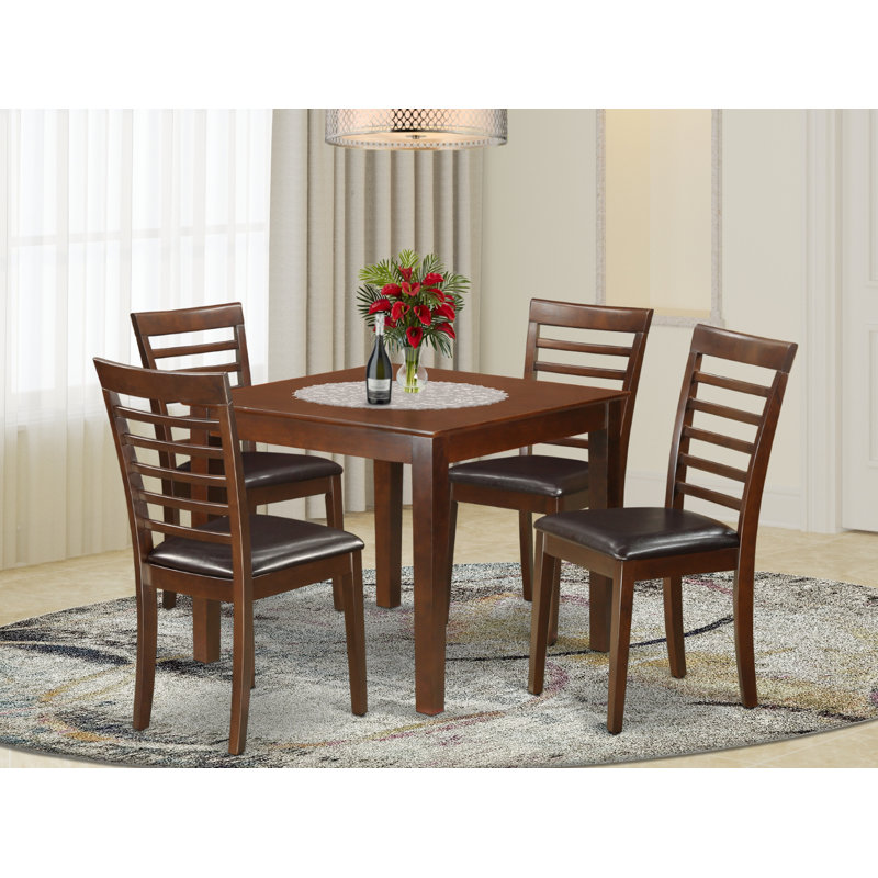 Ensemble de table de salle à manger moderne 5 pièces comprenant une table carrée en bois et 4 chaises de cuisine en similicuir, acajou