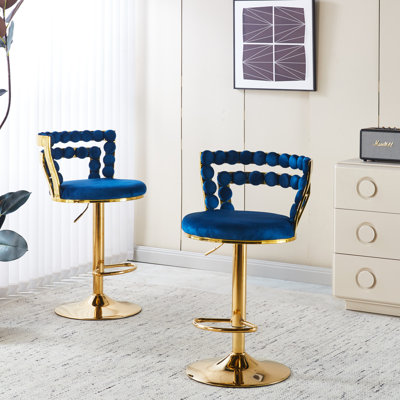 Élégants tabourets de bar modernes bleus (de 2) avec pieds tubulaires en acier inoxydable doré et chaise confortable (2 en A) pour hall d'entrée de style contemporain avec pieds thermolaqués, coussins moelleux pour bureau