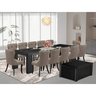 Ensemble de salle à manger 14 pièces, table de salle à manger rectangulaire avec table basse et 12 chaises de cuisine en tissu de lin, noir brossé