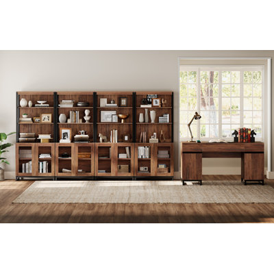  Ensemble de mobilier de bureau: bureau de direction de 59 po avec station de charge et armoire de rangement, quatre bibliothèques de 72 po de hauteur, bureau d'ordinateur moderne et tablette de bibliothèque