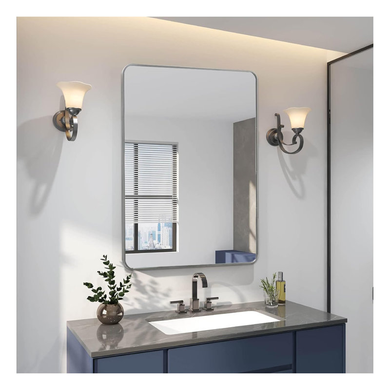 Miroir mural de salle de bain rectangulaire en aluminium argenté 24 po x 36 po - Miroir décoratif moderne antirouille en verre HD pour meuble-lavabo