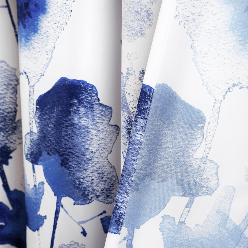 Navy Floral Room Darkening Polyester Window Curtain Panels