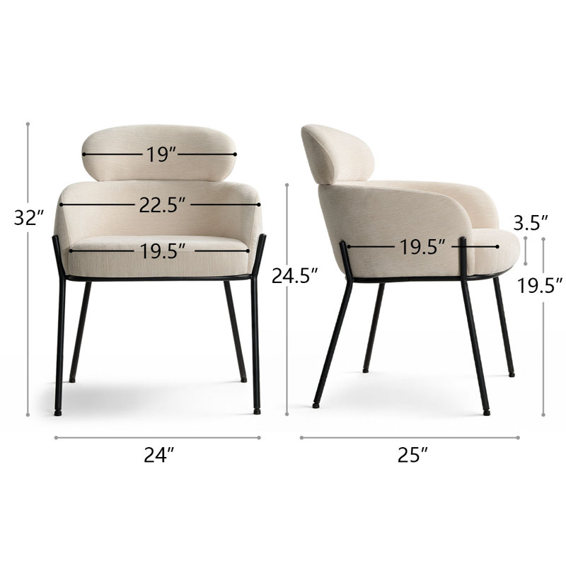 Modern Upholstered Dining Chairs With Curved Back & Black Metal Legs, Beige