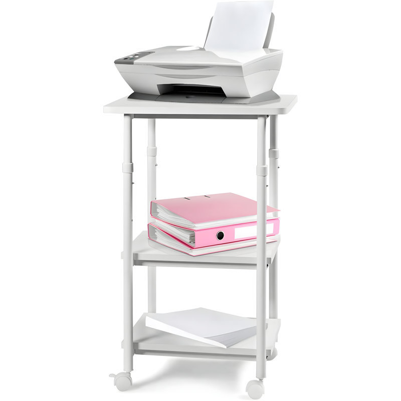 White Adjustable 3-Tier Rolling Printer Cart with Storage Shelves