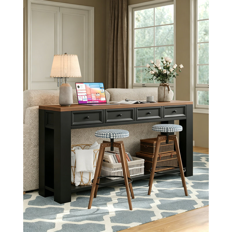 Console de 63 pouces, table de canapé derrière le canapé, table de vestibule avec 4 tiroirs et tablette ouverte, table de salon de style campagnard