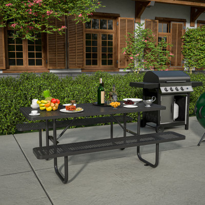 Heavy-Duty Outdoor Metal Picnic Table with Umbrella Hole, Rectangular 6-8 Seats, Commercial-Grade Coated Steel