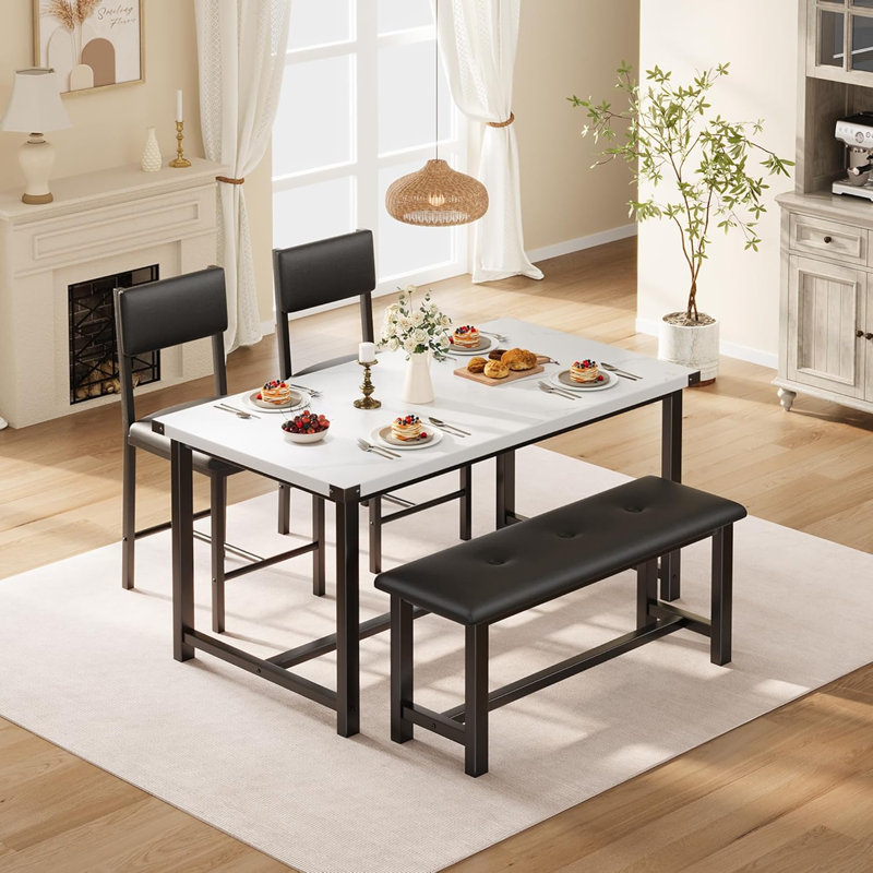 Ensemble de table de salle à manger pour 4 personnes, table de cuisine et 2 chaises rembourrées avec banc, Blanc