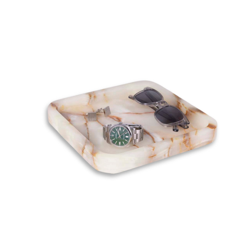 Plateau en marbre véritable Julka et fourre-tout en onyx vert, Blanc / brun