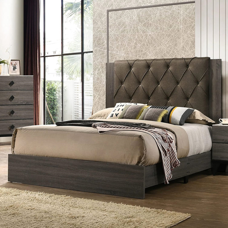 Grand lit moderne, tête de lit, couleur grise, structure de lit en bois d'hévéa pour chambre à coucher, gris, Gris
