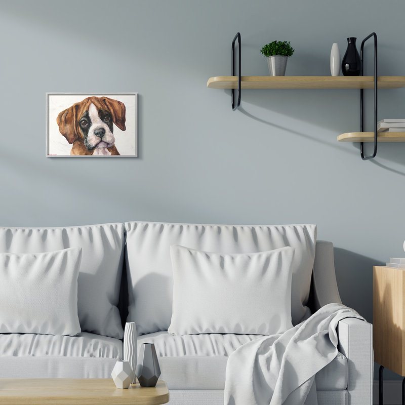 Chiot, yeux, chien boxer, animal de compagnie, portrait, brun, blanc, H 11 po x l 14 po, Cadre gris