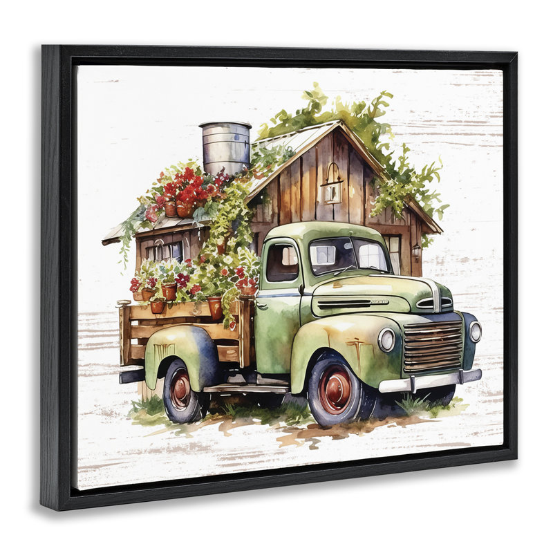 «Rustic Pickup with Greenery», art mural encadré flottant par lettré et doublé, Cadre flottant noir de jais