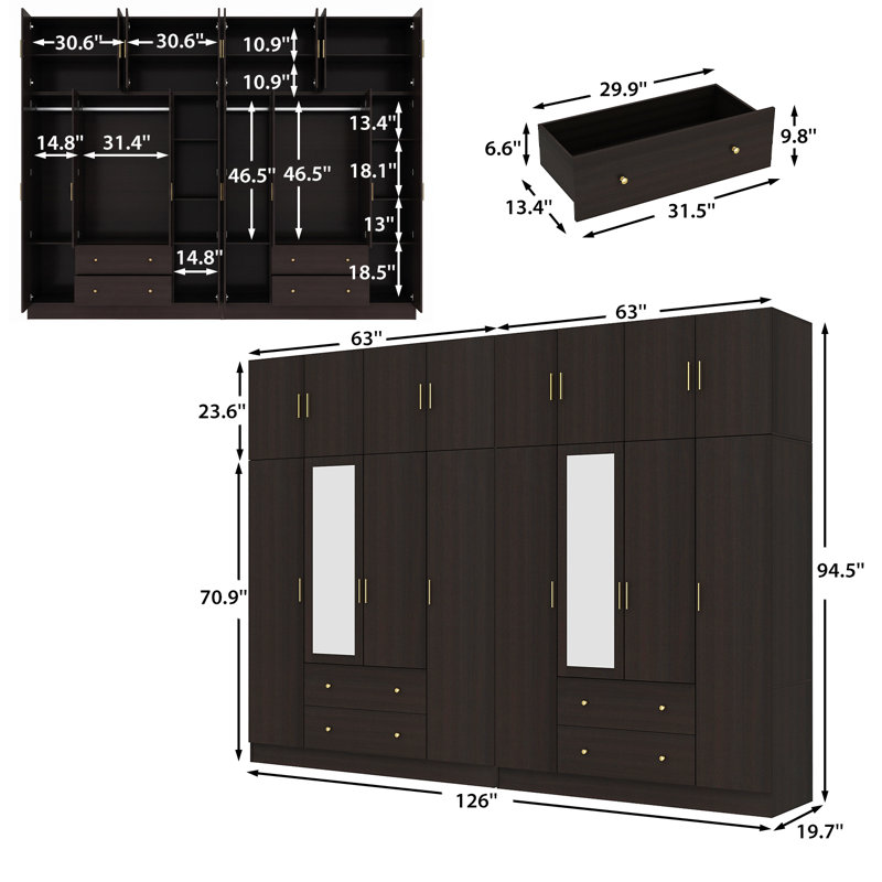 Grande armoire-penderie à 16 portes avec 2 miroirs pleine longueur, 4 tiroirs, étagères et garde-robe, Natural