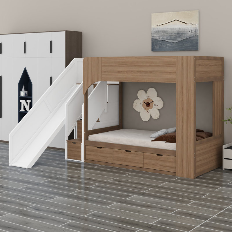 Lit superposé avec glissade et escalier de rangement intégré, tablettes et tiroirs pour les chambres d'enfants ludiques, Twin
