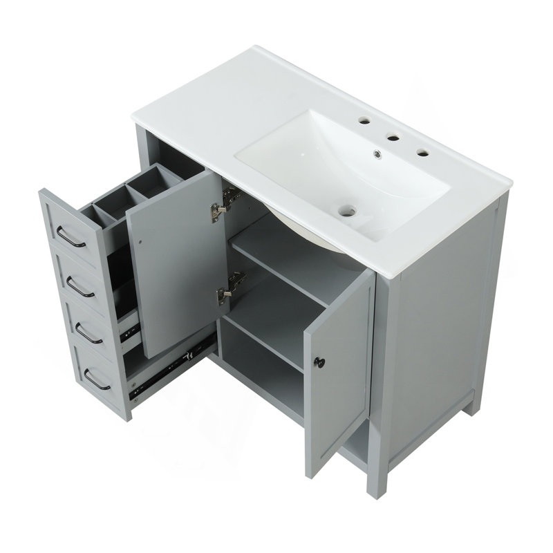 Meuble-lavabo 36 po avec comptoir d'évier, meuble-lavabo avec deux portes et deux tiroirs, bois, tablette ouverte, panneaux de fibres à densité moyenne, un paquet, gris