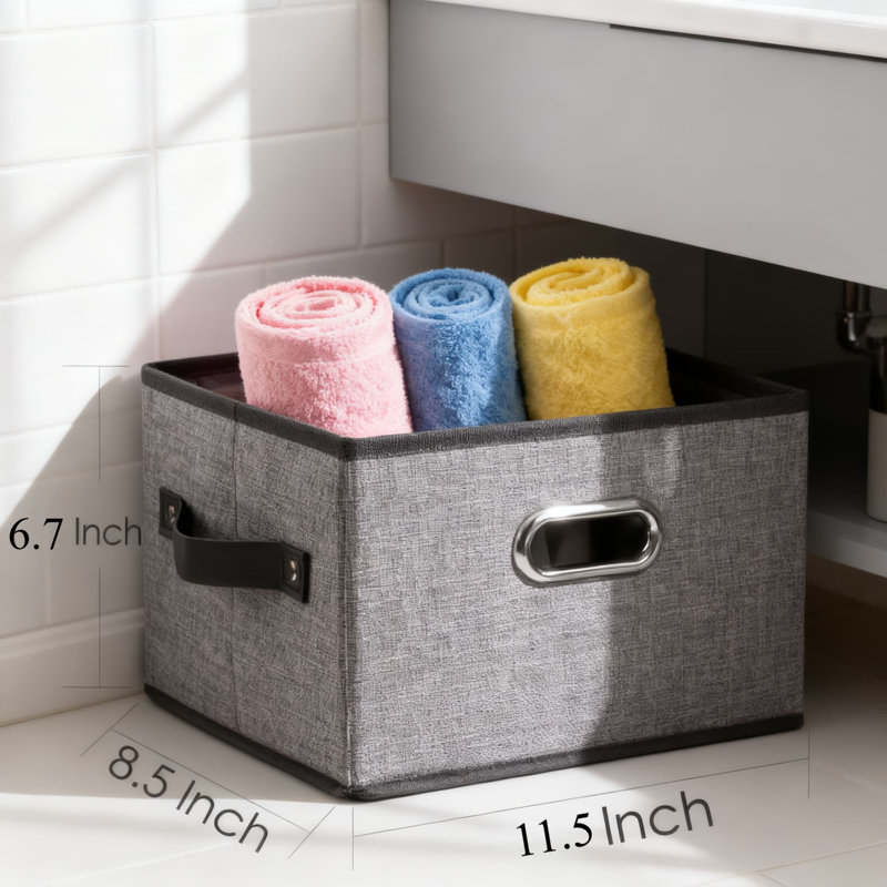 Collapsible Storage Bins 3-Pack With Leather Handles, Decorative Fabric Storage Baskets For Closet Shelves, Bedroom, Living Room, Foldable Organizer Bins For Space Saving Storage