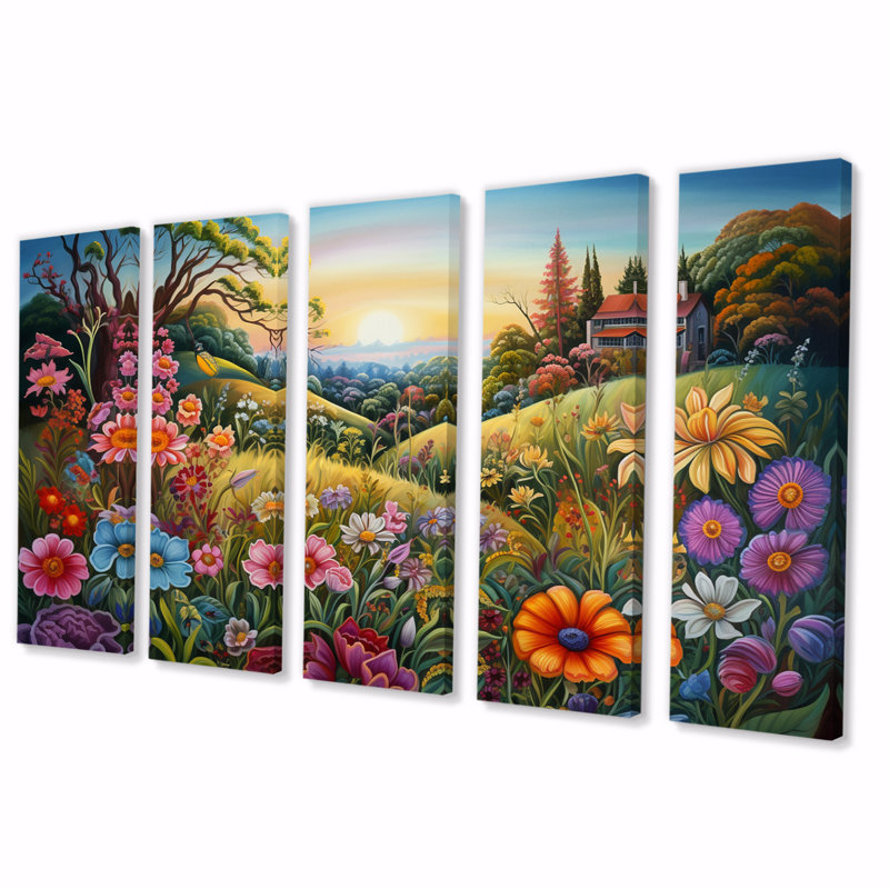 Célébration des fleurs sauvages du printemps - décoration murale fleurs sauvages - 5 panneaux égaux