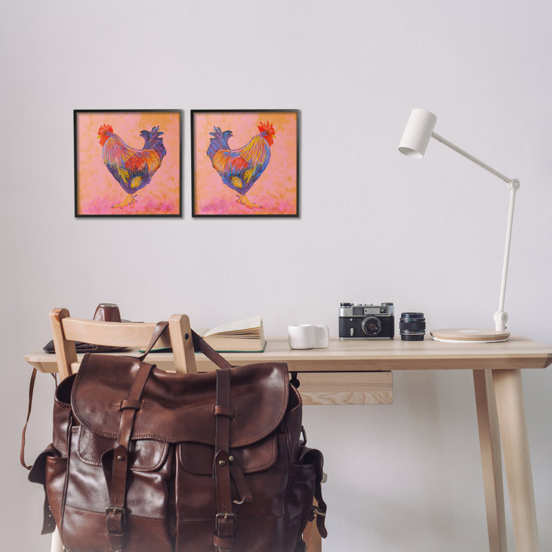 Coq avec des tons chauds, ensemble de 2 estampes numériques, design par Dina Riddle, Giclée encadrée noir minuit