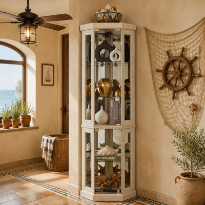 Corner Glass Cabinet Lighted Curio Cabinet Corner Display Case for Living Room, Curio Cabinet, Antique collection, Wine,Bar Glass Storage Light Includ