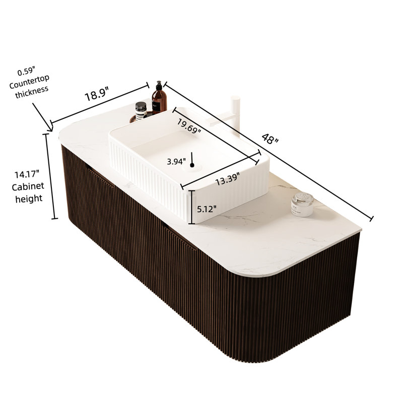 Meuble-lavabo 48 po, lavabo en céramique blanche, armoire rayée 3D noyer foncé, 2 tiroirs, rangement spacieux, comptoir, système de fermeture en douceur, pré-assemblé