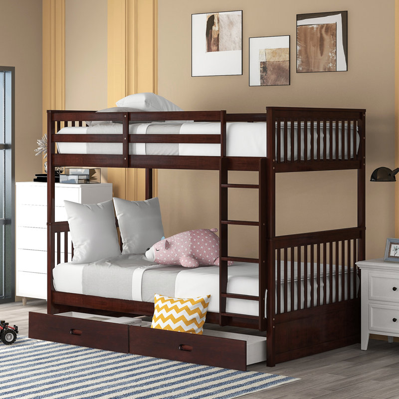Lit superposé Twintwin en bois massif avec finition et espaces de rangement