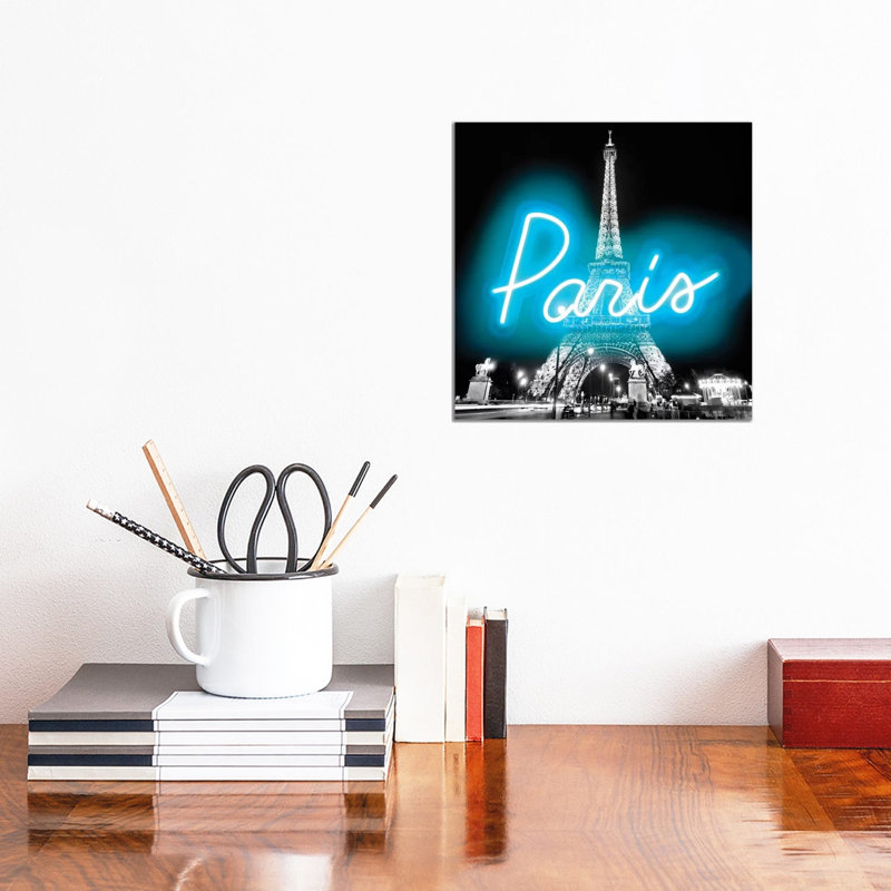 Neon Paris Aqua On Black by Hailey Carr - Wrapped Canvas Print, 30.48 cm H x 30.48 cm W