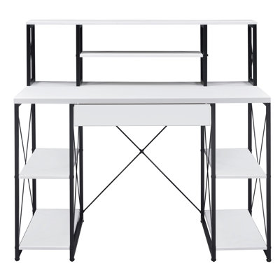 Bureau noir avec tablettes ouvertes et rangement pratique pour câbles à 1 tiroir et 8 compartiments en bois élégant avec structure en bois spacieuse