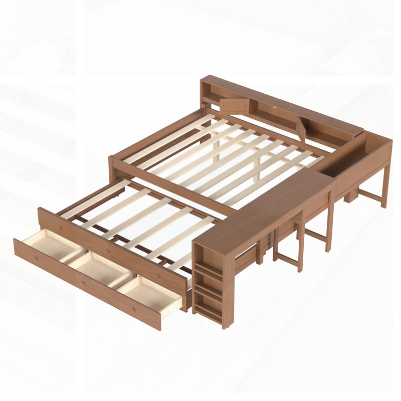 Lit de jour double avec couchette, tiroirs de rangement; Ensemble de lattes, tablettes latérales et bureau intégré pour une vie multifonctionnelle
