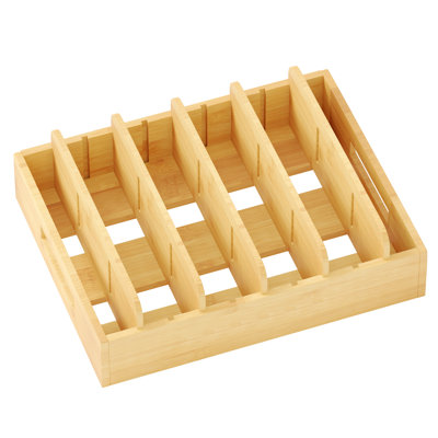 Bamboo Lid Organizer with 5 Adjustable Dividers, Food Storage Container Lid Holder for Kitchen Cabinet & Pantry