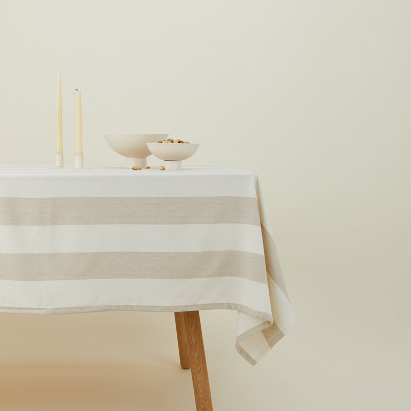 Ivory and Flax Striped Cotton Rectangular Tablecloth