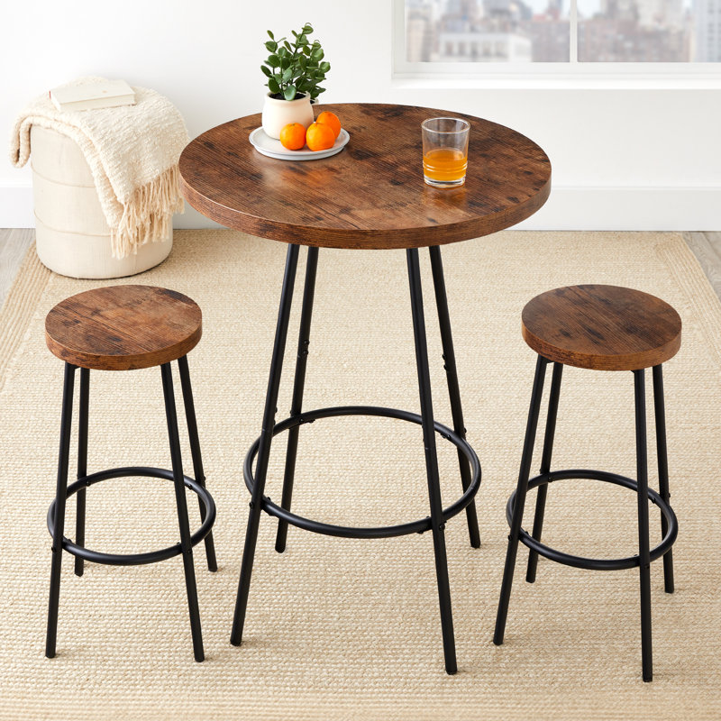 Sevon 3-Piece Bistro Set, Modern Round Counter Height Dining Set w/ 2 Stools, Metal Frame, Medium Brown