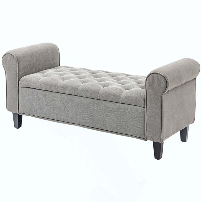 Storage Ottoman Bench, Upholstered End Of Bed Bench With Rolled Arms, Wood Legs, Button Tufted Storage Bench With Safety Hinges For Living Room, Entryway, Bedroom