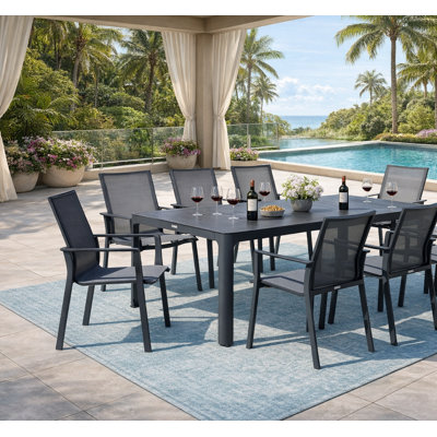 Tindall Dark Gray 9-Piece Aluminum Outdoor Dining Set with Sling Set in Pewter