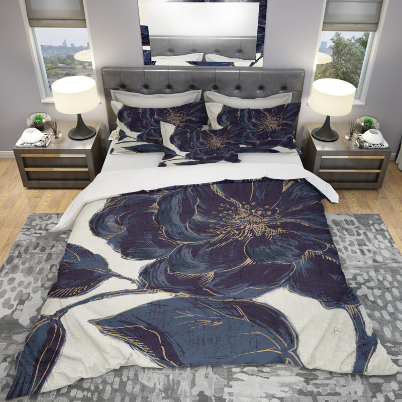 Rose foncé doré doré - Ensemble de housse de couette floral - Polyester en microfibre