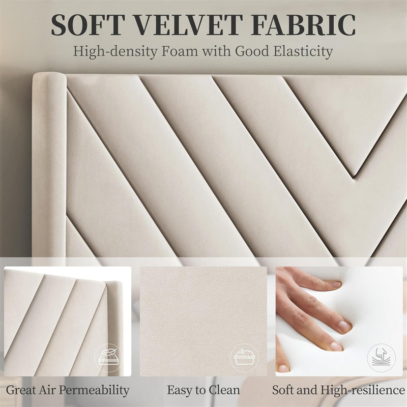 Beige Velvet Upholstered Queen Bed with Tufted Headboard
