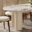 Table de salle à manger ovale moderne 71 "pour 6 personnes Jamani, plateau en pierre frittée blanc brillant, pieds en bois massif-712073456-712073463-730777921