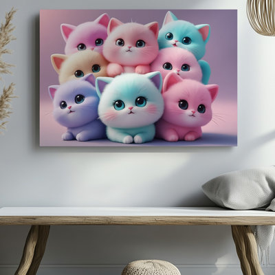 Canvas A Delightful Cluster Of Fluffy Cartoonish Kittens In Soft Pastel Wall Art Shades Of Blush Pink Powder Blue And Creamy White Canvas Wall Art