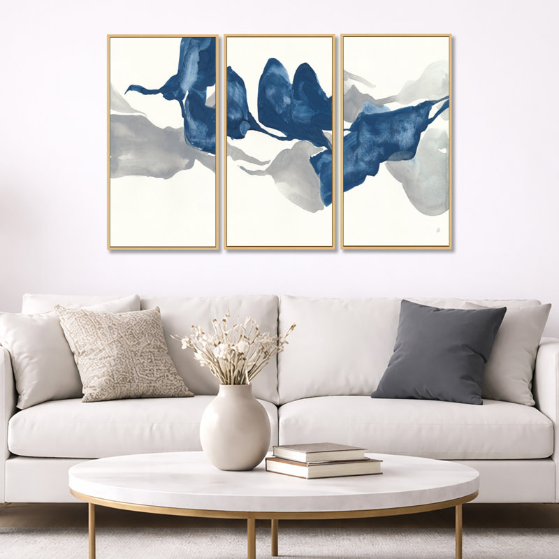 Gouache saphir sur fond gris - ensemble d'art moderne sur toile encadrée moderne et contemporain de 3, L 36 po x H 20 po