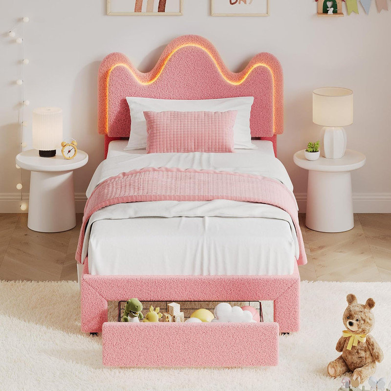 Structure de lit DEL avec tête de lit ondulée réglable et tiroir de rangement, lit plateforme tapissier sans sommier, Rose