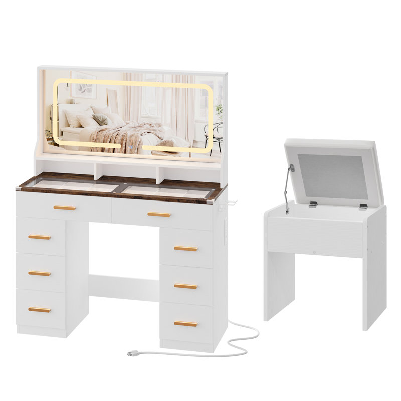 42" LED Makeup Vanity Desk with Large Mirror, 8 Drawers & Charging Station, Modern Dressing Table with Glass Top, Storage Stool, for Bedroom Dressing Room