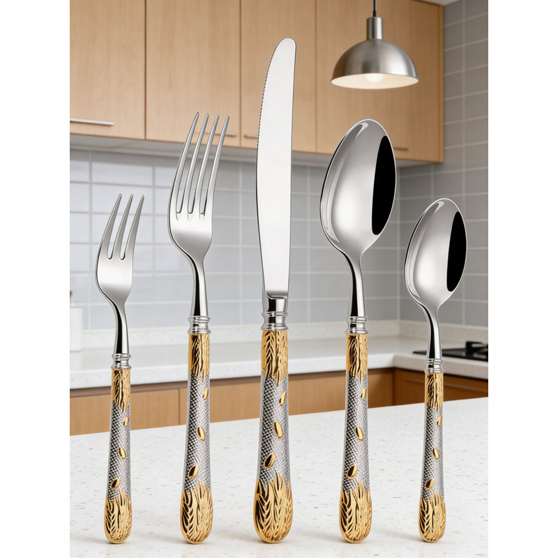 Ensemble de couverts 20 pièces en acier inoxydable avec oreilles de blé, ensemble de couverts en acier inoxydable 18/10 de qualité supérieure pour 4, miroir poli avec accents dorés et argentés
