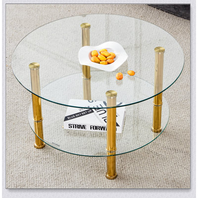 Table basse contemporaine en verre trempé à double couche de style contemporain minimaliste - dessus de 27,5 pouces et fond de 23,6 pouces, verre renforcé, pieds dorés en acier inoxydable