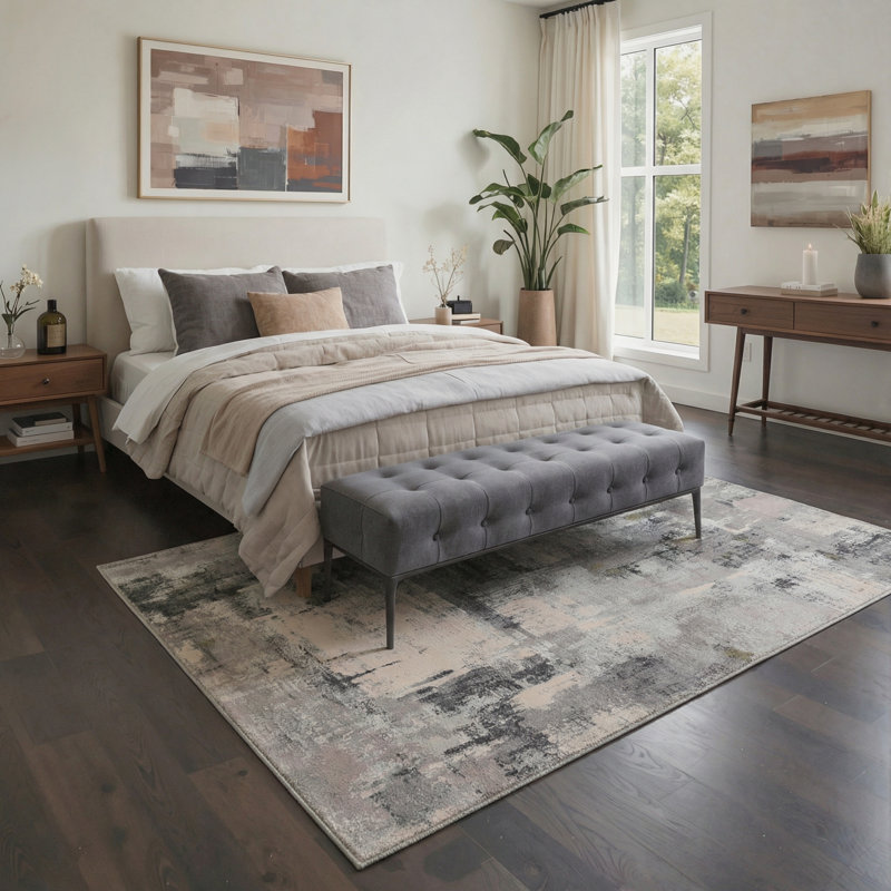 Tapis intérieur gris / noir / beige lavable à la machine avec envers antidérapant Ethereal, Rectangle 9' x 12'
