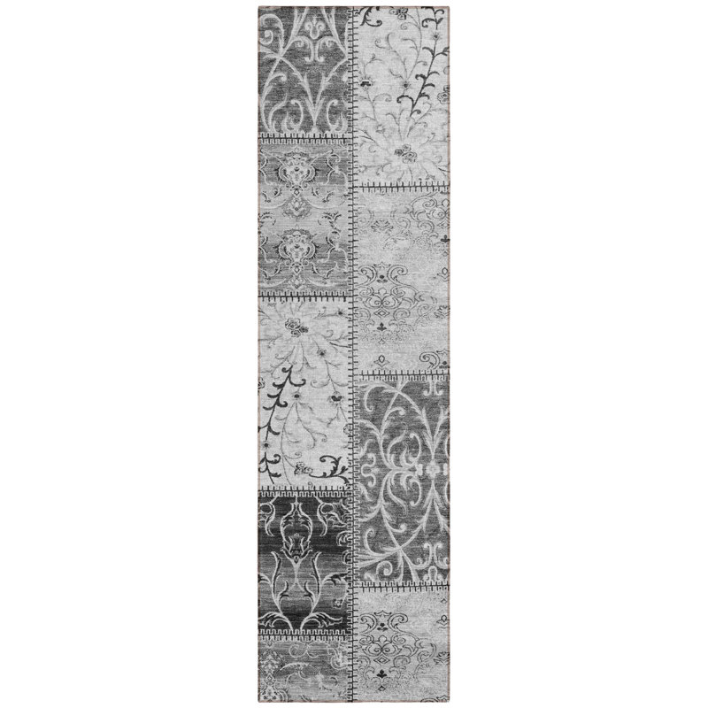 8' Runner Gray Patchwork Washable Non Skid Indoor Outdoor Runner Rug