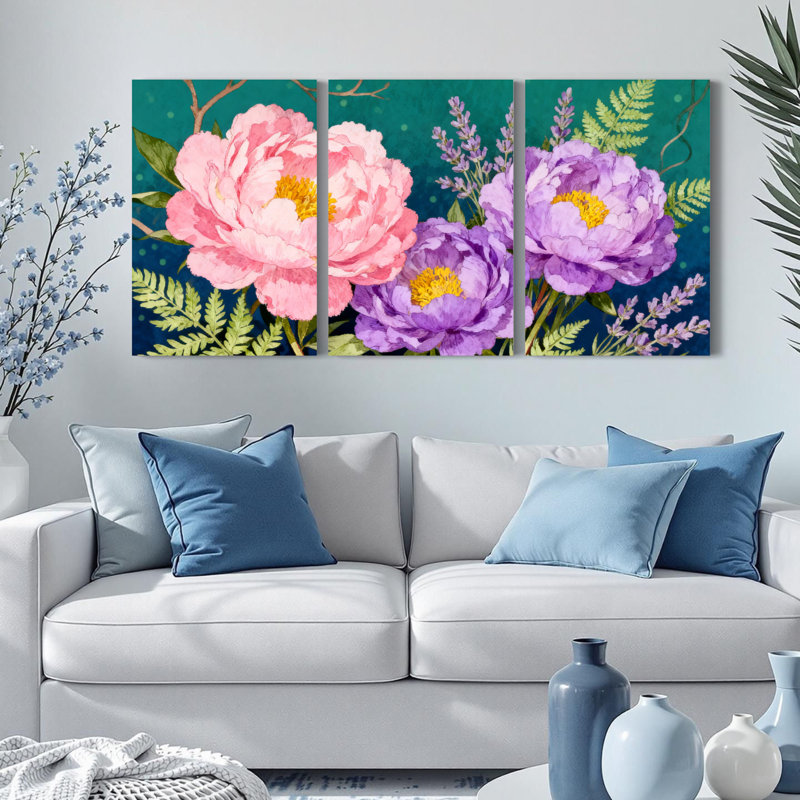 Pivoine et lavande, reproduction d'art sur toile tendue sur toile, ensemble de 3, H 30 po x l 60 po