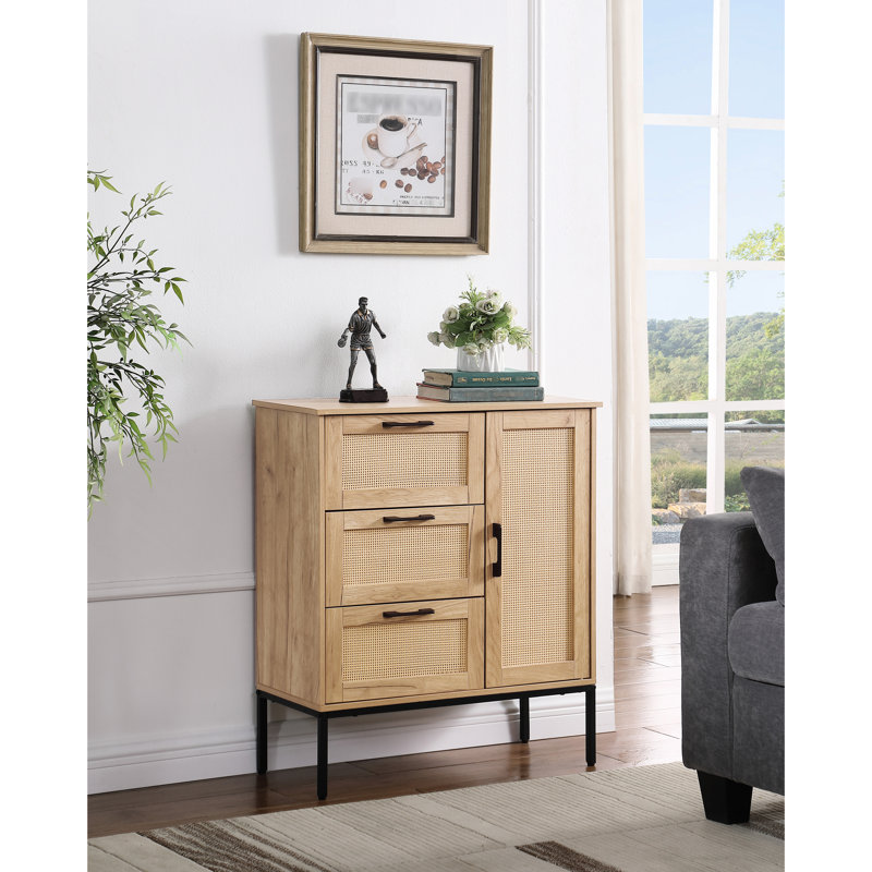 Armoire de rangement à 3 tiroirs de style Mid-Century avec portes ornées et tablettes réglables, pour un usage domestique