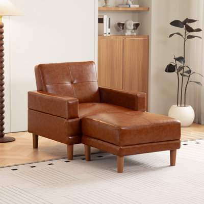 Analycia 35.4" Brown Leather Armchair Single Sofa With Movable Ottoman, Accent Chair Chaise With Square Arms, Mid Century Modern Upholstered Reading Lounge Couch For Living Room Bedroom